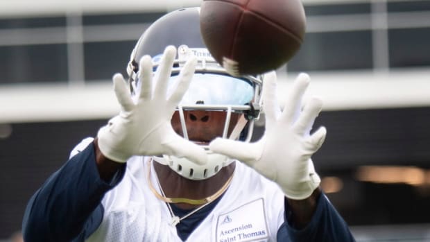 Tennessee Titans wide receiver Julio Jones (2) pulls in a pass during practice at Saint Thomas Sports Park Thursday, June 10, 2021 in Nashville, Tenn.